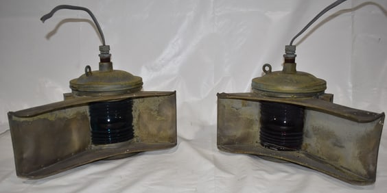 PAIR EARLY BRASS HOODED SHIPS LANTERNS, C. 1890/1900