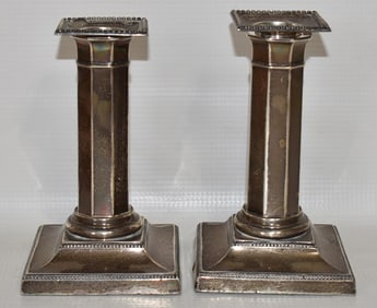 PAIR ENGLISH STERLING CORINTHIAN COLUMN CANDLESTICKS