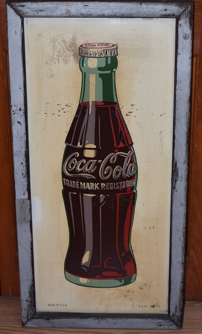VINTAGE COCA-COLA LITHO TIN BOTTLE SIGN, C. 1948 (1 of 5)