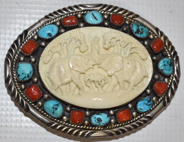 NAVAJO OLD PAWN STERLING/TURQUOISE BELT BUCKLE SIGNED