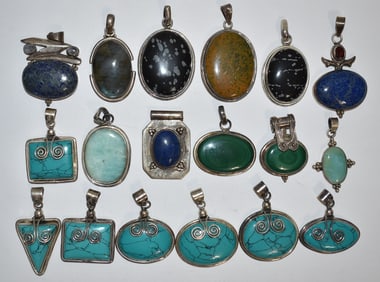 LOT STERLING MOUNTED TURQUOISE/LAPIS/MALIKITE PENDANTS