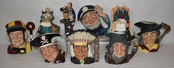 LOT (9) ASSORTED ROYAL DOULTON MUGS/FIGURINES, 20TH C.