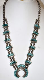NAVAJO OLD PAWN STERLING/TURQ. SQUASH BLOSSOM NECKLACE