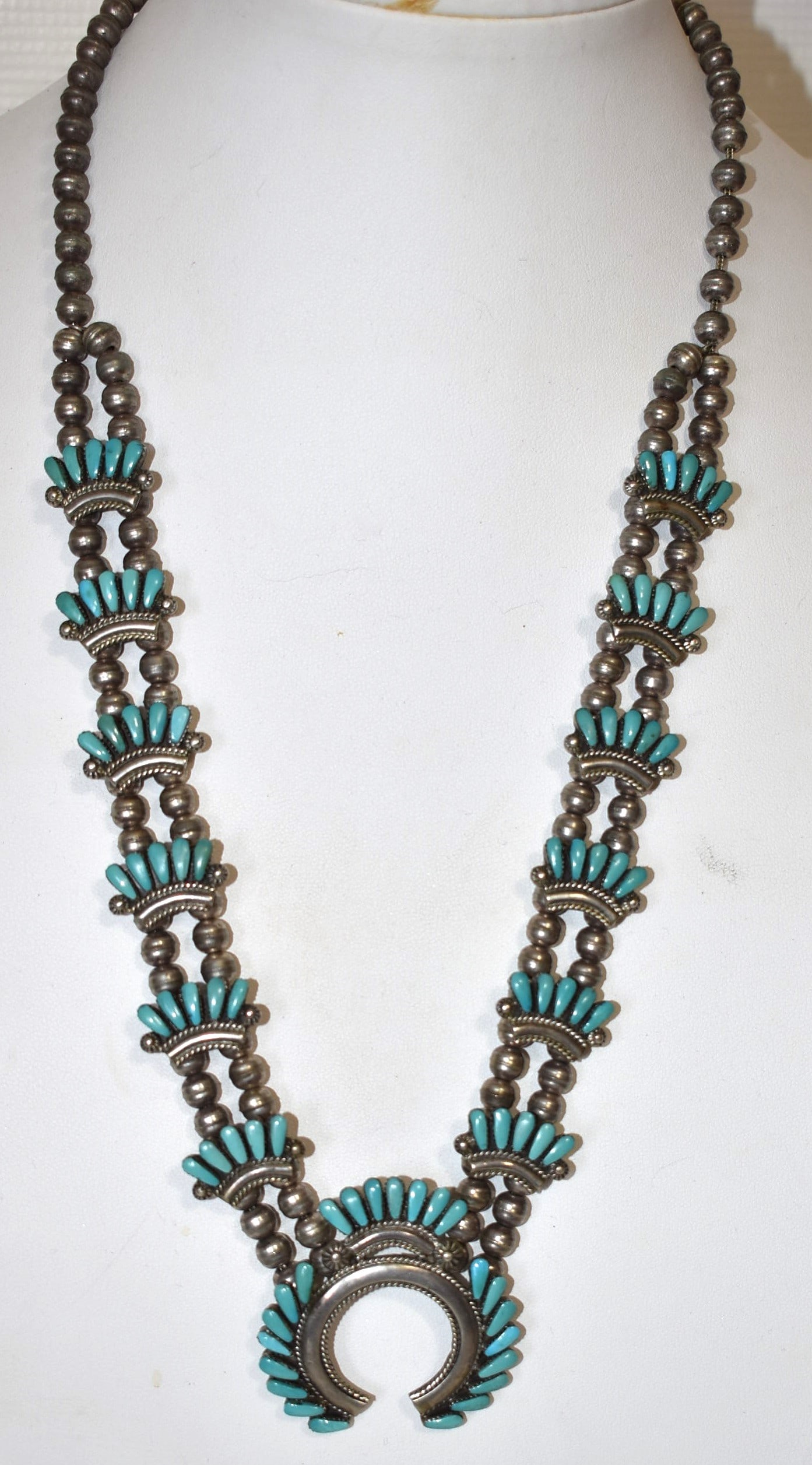 NAVAJO OLD PAWN STERLING/TURQ. SQUASH BLOSSOM NECKLACE (1 of 4)
