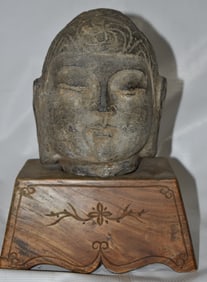 INDIA CARVED STONE BUDDHA HEAD (ANTIQUITY) H. 6 1/2"