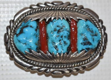 NAVAJO OLD PAWN STERLING/TURQUOISE BELT BUCKLE SIGNED