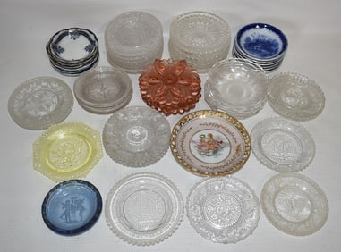 49 ASST SANDWICH GLASS CUP PLATES, C. 1830, FLOW BLUE