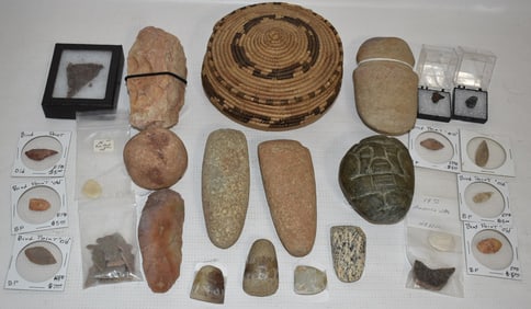 BOX LOT ASSORTED INDIAN ARTIFACTS W/METEORITE SPECIMENS