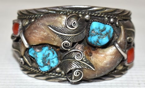 NAVAJO OLD PAWN STERLING/TURQUOISE CUFF BRACELET SIGNED