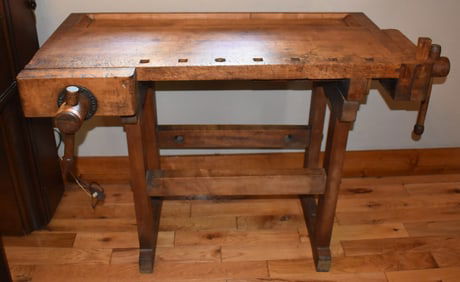 C. CHRISTIANSEN ROCK MAPLE WORK BENCH, 19TH C.