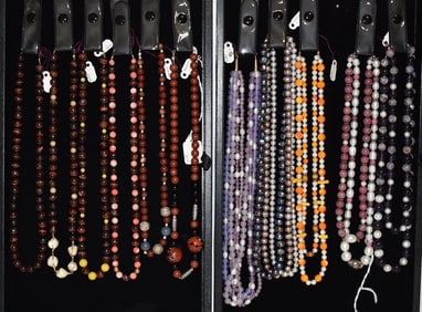 2 TRAYS ASST NECKLACES INCL. BLOODSTONE/PEARL/AMETHYST+