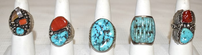 (5) SOUTHWEST AMERICAN INDIAN STERLING/TURQUOISE RINGS