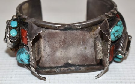 NAVAJO OLD PAWN STERLING/TURQUOISE WATCH BAND, C. 1950