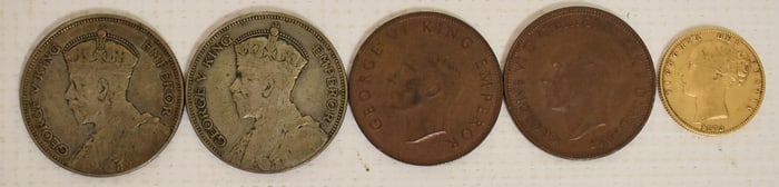 5 COINS INCL. 1873-S VICTORIA I SOVEREIGN GOLD COIN+