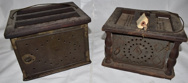 LOT (2) COUNTRY PINE/PUNCHED TIN FOOT WARMERS, 19TH C.