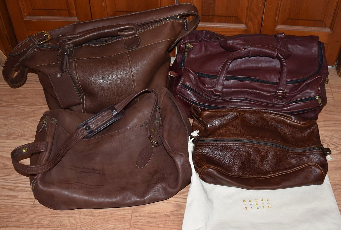 LOT (4) LEATHER TRAVEL BAGS INCL. MOORE & GILES, NOS: LOT (4) LEATHER TRAVEL BAGS INCL. MOORE & GILES, NOS