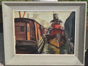 O/B TUG BOAT SIGNED E.G. STICKNEY W/BIO ATTACHED VERSO