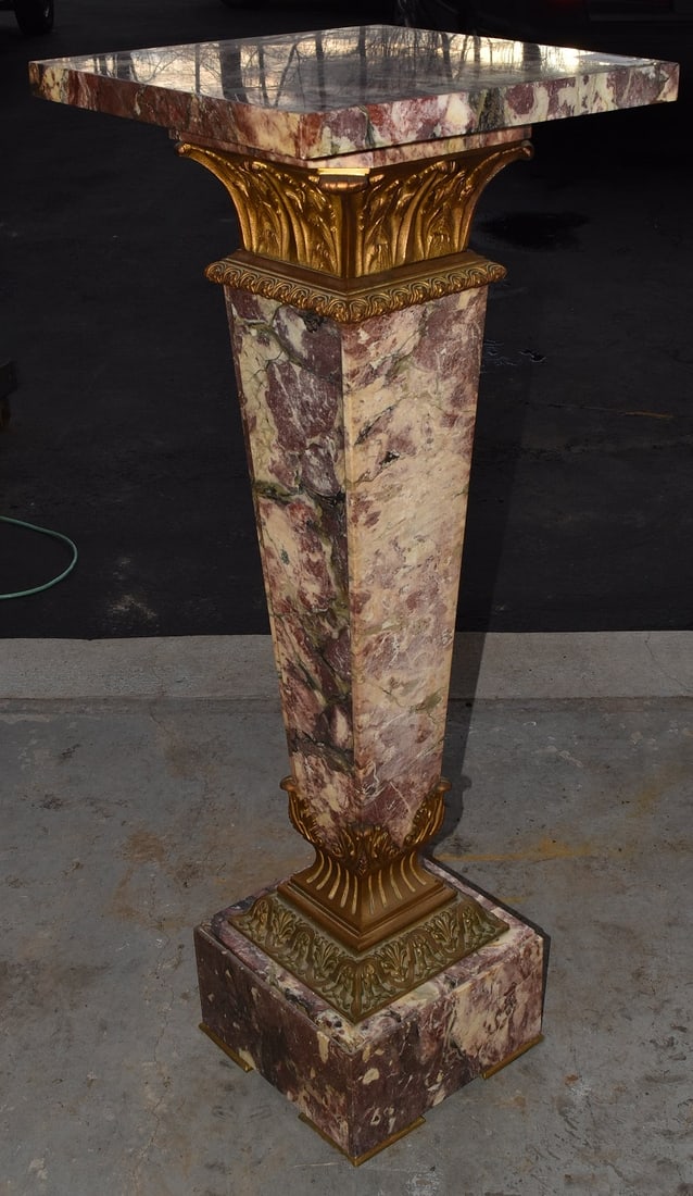 FINE FRENCH MULTI-COLORED MARBLE/BRONZE PEDESTAL: FINE FRENCH MULTI-COLORED MARBLE/BRONZE PEDESTAL, 19/20TH C., H. 44" TOP 16" X 16"