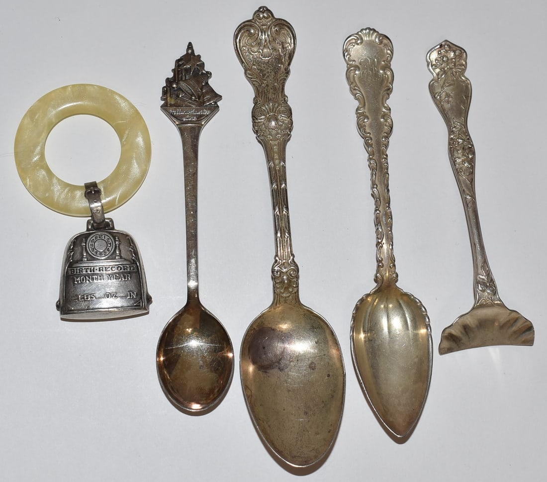 LOT ASSORTED STERLING INCL. SOUVENIR, TEETHING RING +: LOT ASSORTED STERLING INCL. SOUVENIR, TEETHING RING, ETC.