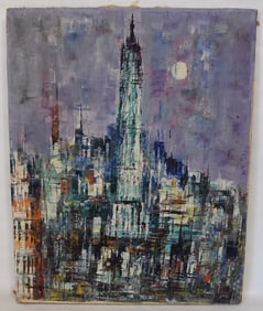 O/C NY CITYSCAPE SIGNED BARUSGAK, C. 1950'S, 20" X 16"