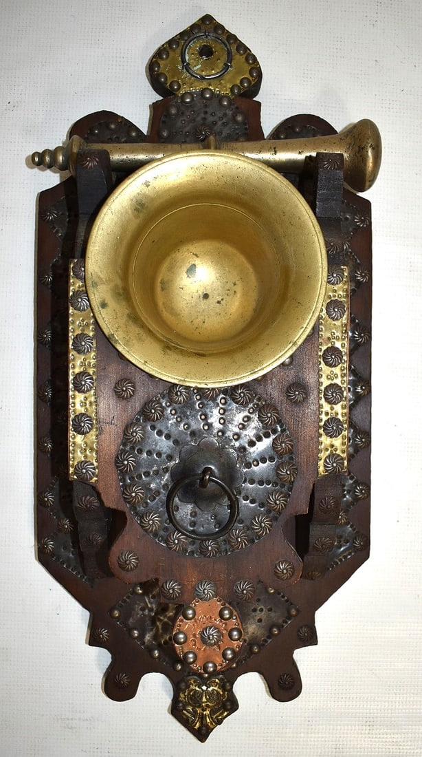 DUTCH MORTAR/PESTLE W/WALL TACK DECORATED MOUNT, 19TH C: DUTCH MORTAR/PESTLE W/WALL TACK DECORATED MOUNT, 19TH C., H. 21" W. 9"