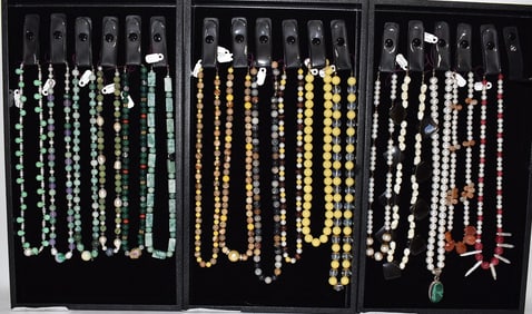 3 TRAYS ASST NECKLACES INCL. JADE, PEARL, JASPER, MOP