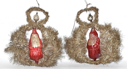 LOT (2) VICTOR. GLASS/TINSEL SANTA CHRISTMAS ORNAMENTS