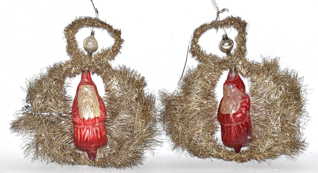 LOT (2) VICTOR. GLASS/TINSEL SANTA CHRISTMAS ORNAMENTS: LOT (2) VICTORIAN GLASS/TINSEL SANTA CHRISTMAS ORNAMENTS, H. 6", 19TH C.