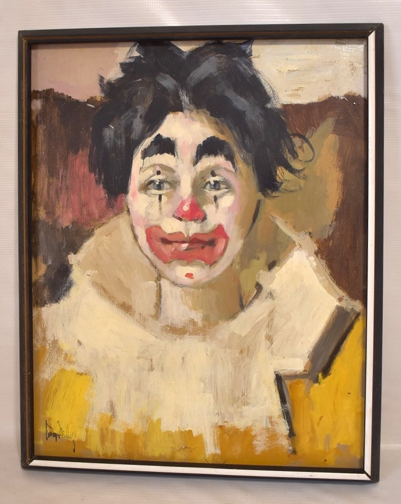 O/P ABSTRACT CLOWN SIGNED ILLEGIBLE, C. 1950, 20" X 16" (1 of 5)