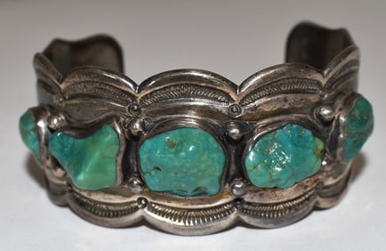 NAVAJO STERLING/TURQUOISE OLD PAWN BRACELET, C. 1920