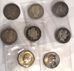 8 ASSORTED QUARTERS, SEATED LIBERTY, BARBER, WASHINGTON