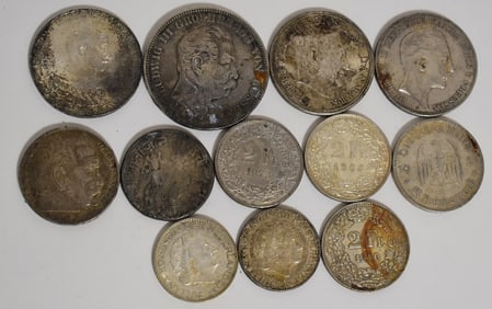 ASST FOREIGN SILVER COIN INCL. 1876 GERMAN FIVE MARK++