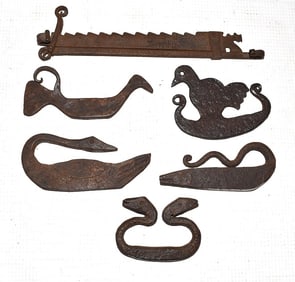 (6) IRON FIGURAL FLINT STRIKERS, MINI TRAMMEL W/ROOSTER