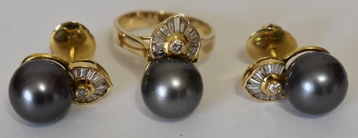 (2) ART DECO 14KT YELLOW GOLD/BLACK PEARL RING/EARRINGS