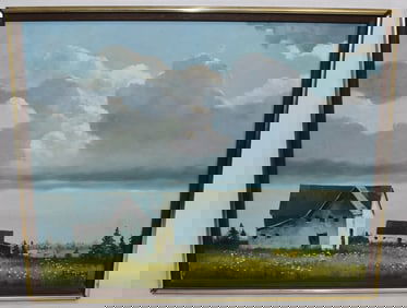 O/C LANDSCAPE W/BARNS SIGNED DUBUSSEY, 20TH C, AMERICAN