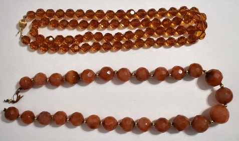 LOT (2) ART DECO CARNELIAN CRYSTAL NECKLACES, C. 1940