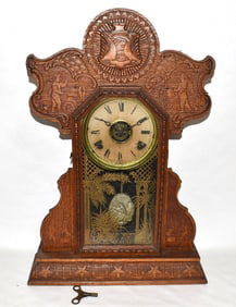 UNIQUE INDUSTRIAL PRESSED WOOD/OAK SHELF CLOCK, C. 1905