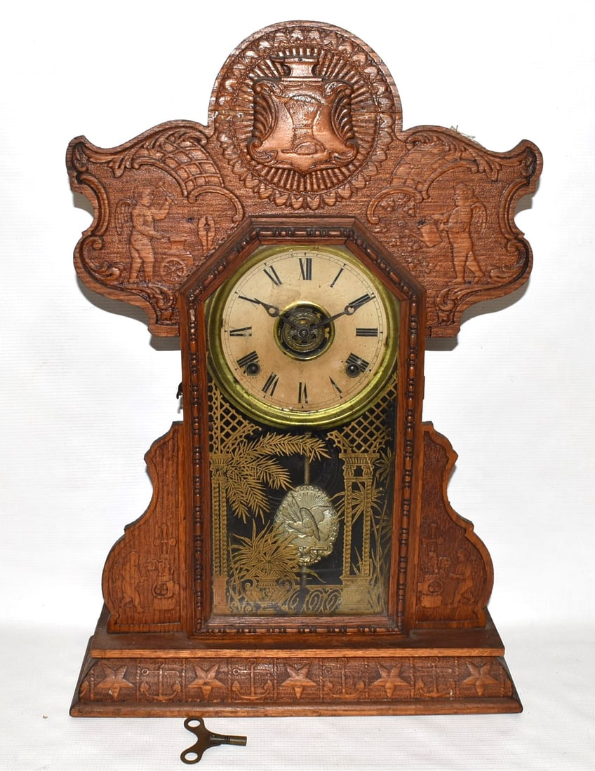 UNIQUE INDUSTRIAL PRESSED WOOD/OAK SHELF CLOCK, C. 1905 (1 of 10)
