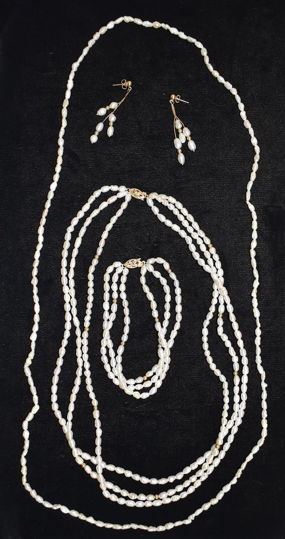 SET (4) CONT. 14K Y/G PEARL NECKLACES, BRACELET & EARR (1 of 4)