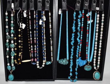LOT (2) TRAYS ASSORTED NECKLACES INCL. TURQUOISE, PEARL