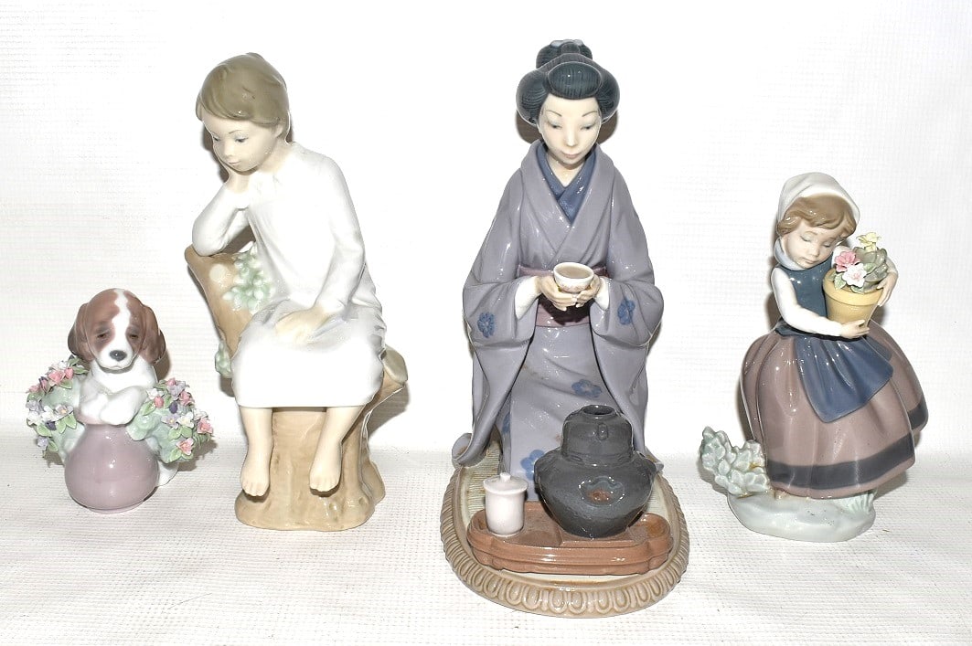 LOT (4) LLADRO INCL. JAPANESE WOMAN W/TEACUP: LOT (4) LLADRO INCLUDING JAPANESE WOMAN W/TEACUP; TALLEST 8 1/2"