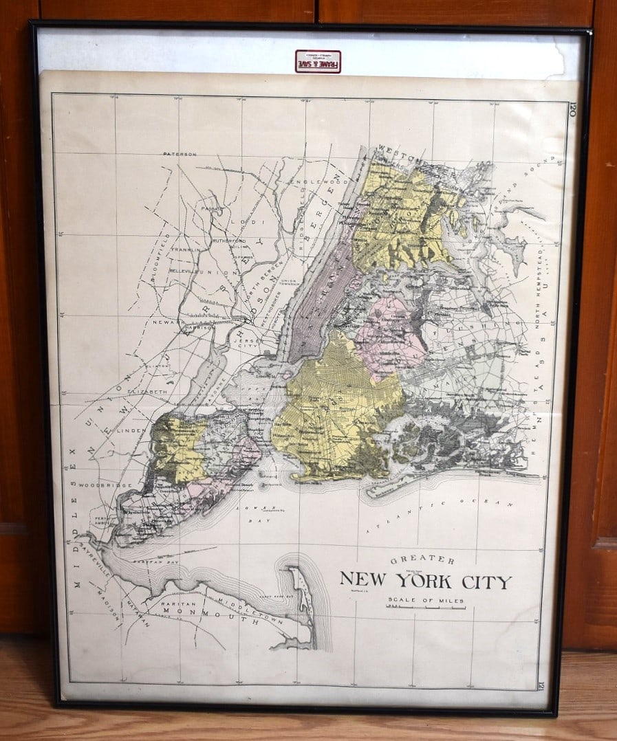LITHO MAP NEW YORK CITY & SURROUNDING AREAS, 19/20TH C.: LITHO MAP NEW YORK CITY & SURROUNDING AREAS, 19/20TH C., 30" X 24"