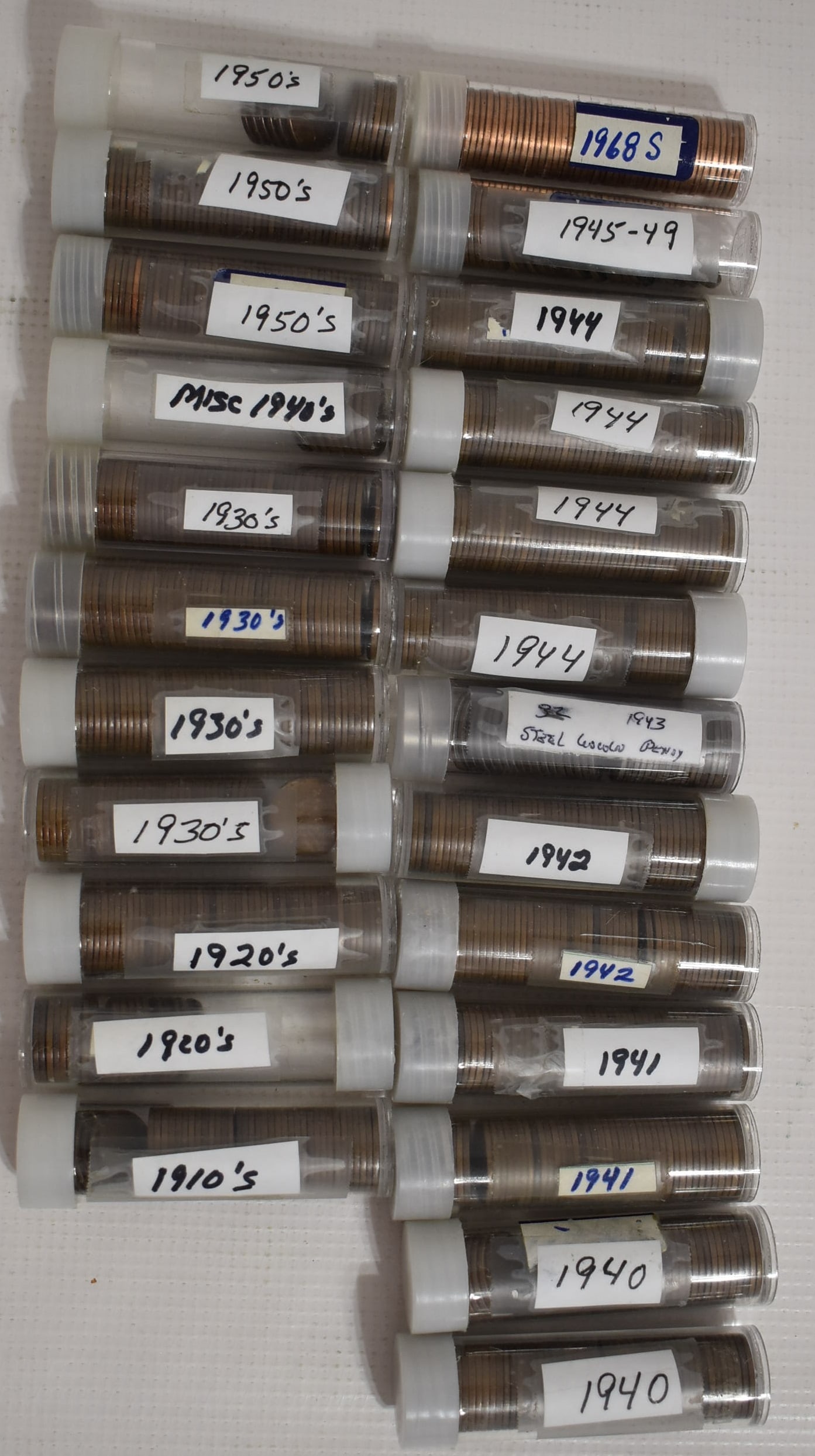 LOT TUBED LINCOLN CENTS IDENTIFIED BY YEAR: BOX LOT TUBED LINCOLN CENTS IDENTIFIED BY YEAR, APPROX. 4.5 LBS.