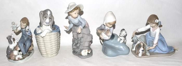 LOT (5) LLADRO INCL. BOY W/ PUPPETS & PETS; TALLEST 8"