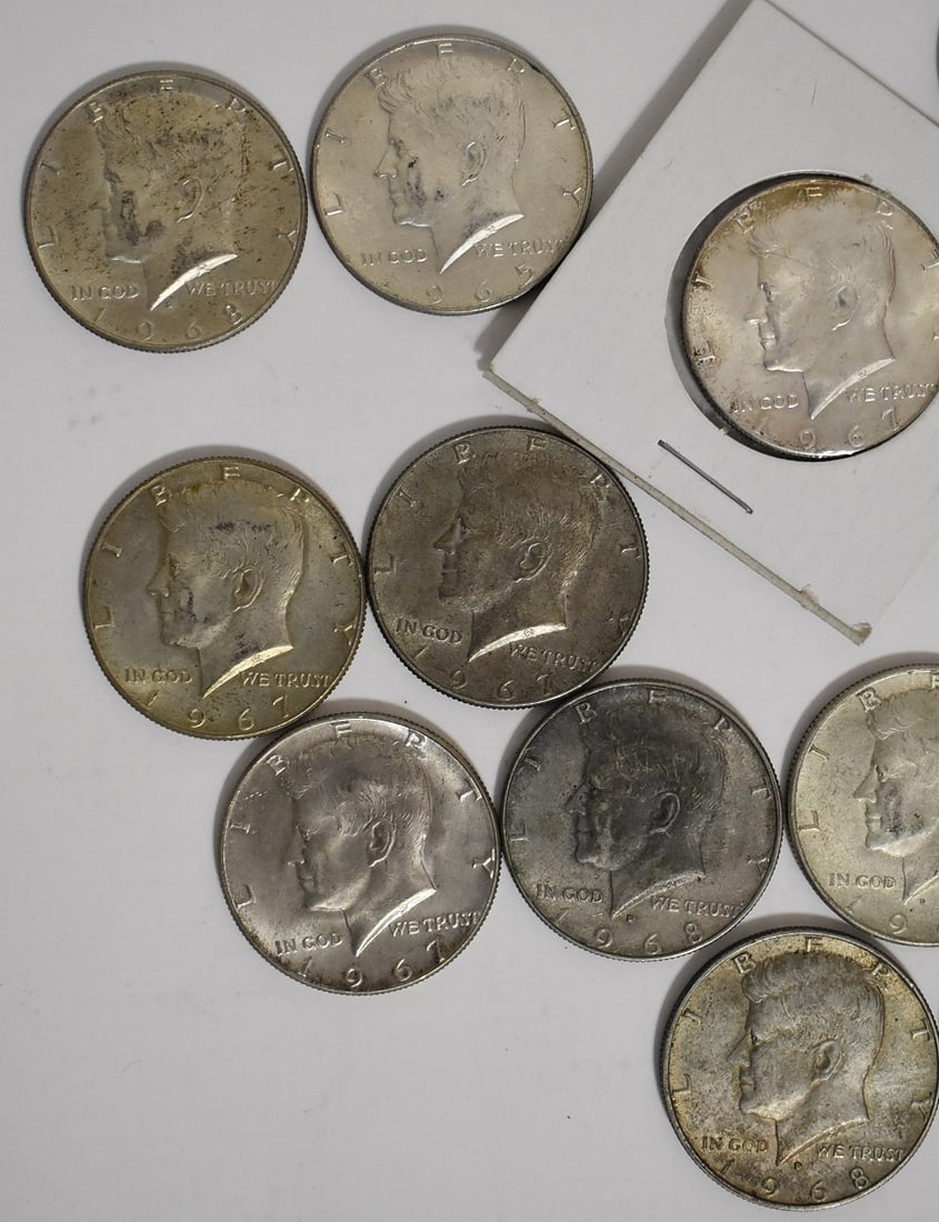 ASST KENNEDY COPPER CLAD SILVER HALF DOLLARS, 1965/69: LOT ASSORTED KENNEDY COPPER CLAD SILVER HALF DOLLARS, 1965/69
