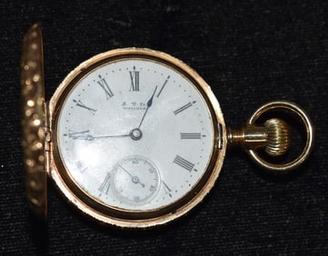 A/D WALTHAM 14KT Y/G HUNT CASE POCKET WATCH