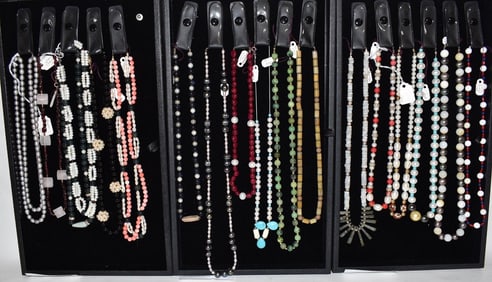 3 TRAYS ASST NECKLACES INCL. JADE, CORAL, PEARL, GARNET
