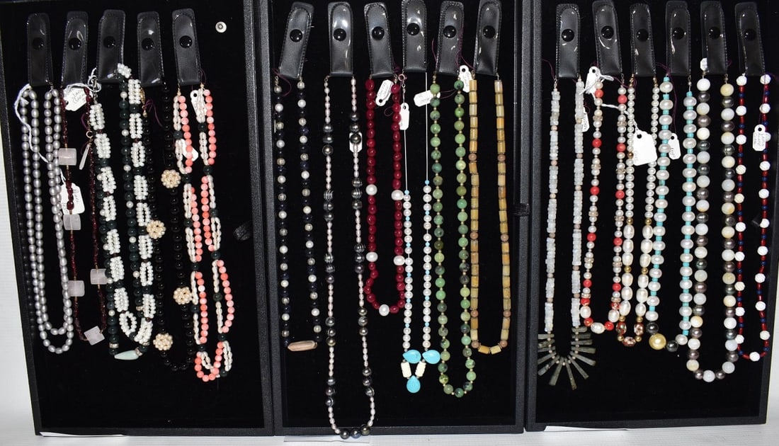 3 TRAYS ASST NECKLACES INCL. JADE, CORAL, PEARL, GARNET (1 of 7)