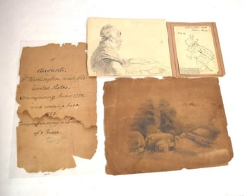 (4) GRAPHITE/INK DRAWINGS INCL. CARTOON SKETCH SIGNED