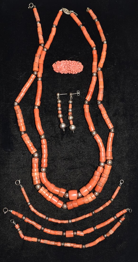 7 CHINESE NAT. RED CORAL/STERLING NECKLACES/BRACELETS+ (1 of 5)